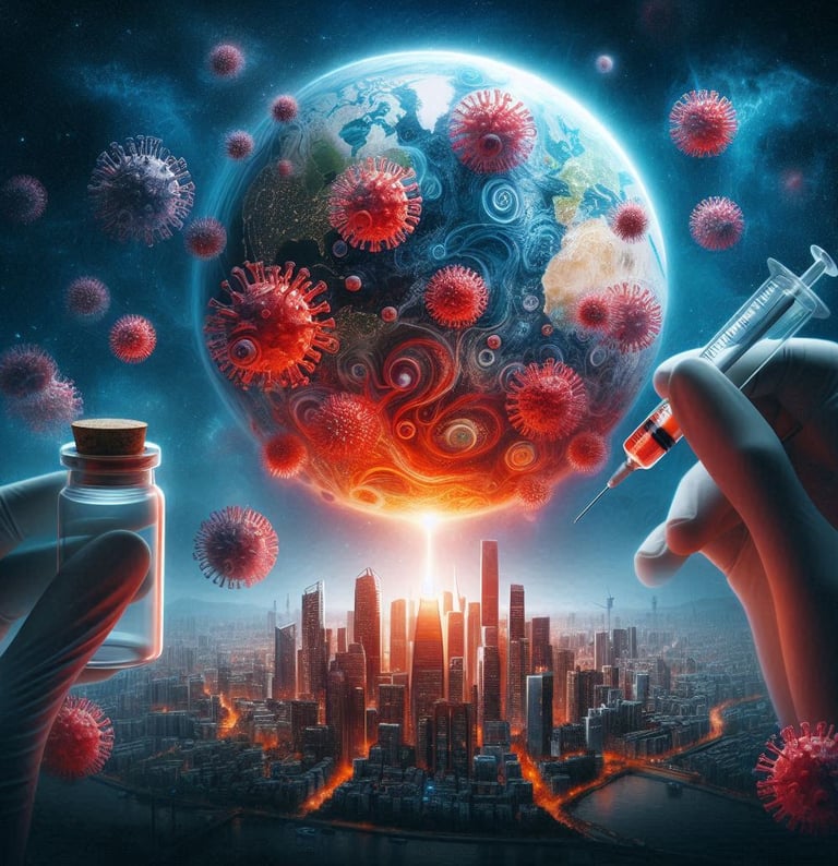 una imagen ampliada de un virus, una jeringa y una ampolla