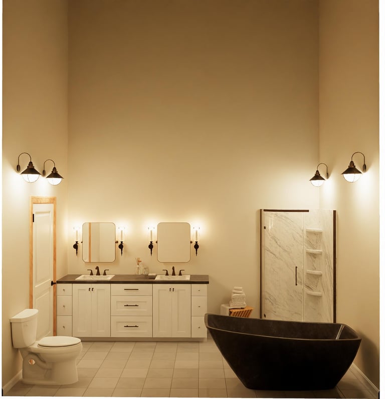 Rendered bathroom with white double vanity, black freestanding tub, and marble walk-in shower.