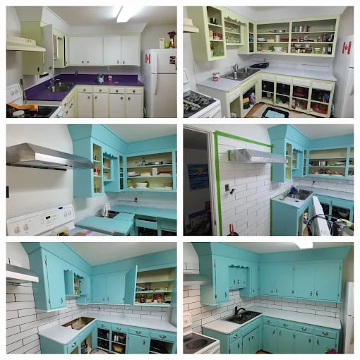 collage of kitchen cabinet transformation fepainting countertop sink installation and repainting cab