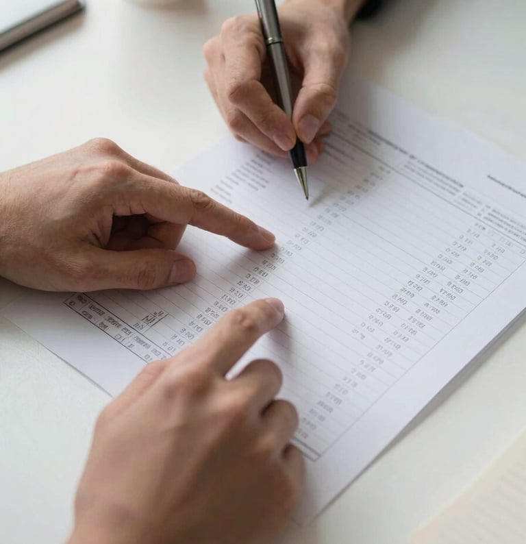 Close-up overhead shot of two pairs of hands at a work table — one holding a pen over a printed spreadsheet, the other pointing at a column of figures, natural window light from the side, coffee cup and notebook visible at the edge of the frame