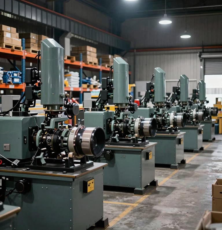Wide environmental shot of an organized industrial warehouse bay, rows of heavy-duty machinery on the floor under sharp overhead work lights, deep shadows between equipment, concrete floor, steel shelving in the far background — high contrast, no people