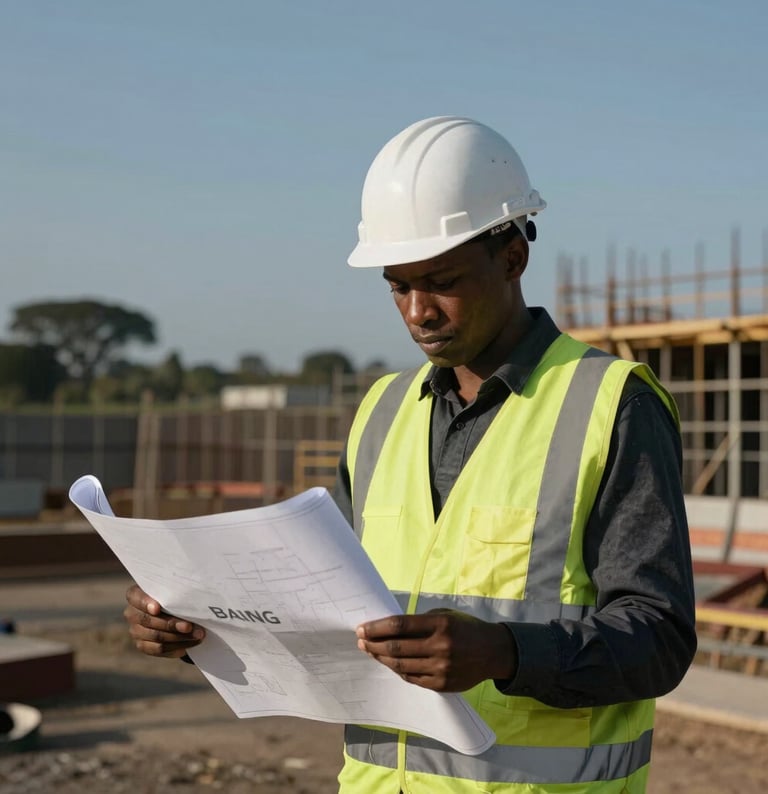 Portrait of a BAINS IGG engineer reviewing blueprints on a construction site in East Africa, safety vest, hard hat, focused expression, dramatic natural daylight, high-contrast cool tones.