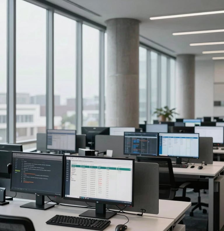 Wide-angle interior shot of a modern financial office, empty workstations with multiple monitors displaying compliance dashboards and regulatory data grids, cool overcast daylight entering from floor-to-ceiling windows on the left, structural concrete columns visible, minimal and precise