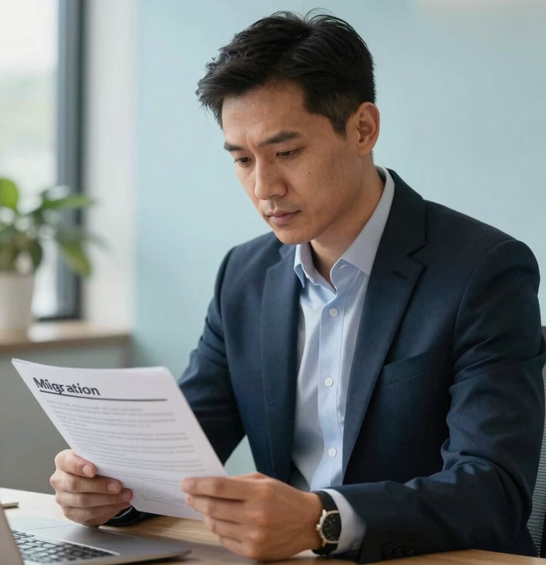 A professional advisor in a bright, modern International / Australasian office, reviewing migration documents. The scene is lit with soft natural light and features Deep Charcoal Navy and Soft Sky Blue accents in the decor.