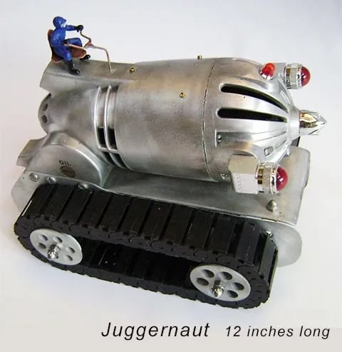 Assemblage tank sculpture named Juggernaut by artist Tal Avitzur.