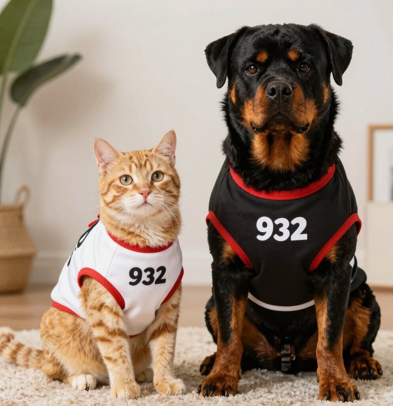 Un gato atigrado naranja y un perro Rottweiler negro que llevan camisetas a juego para mascotas.