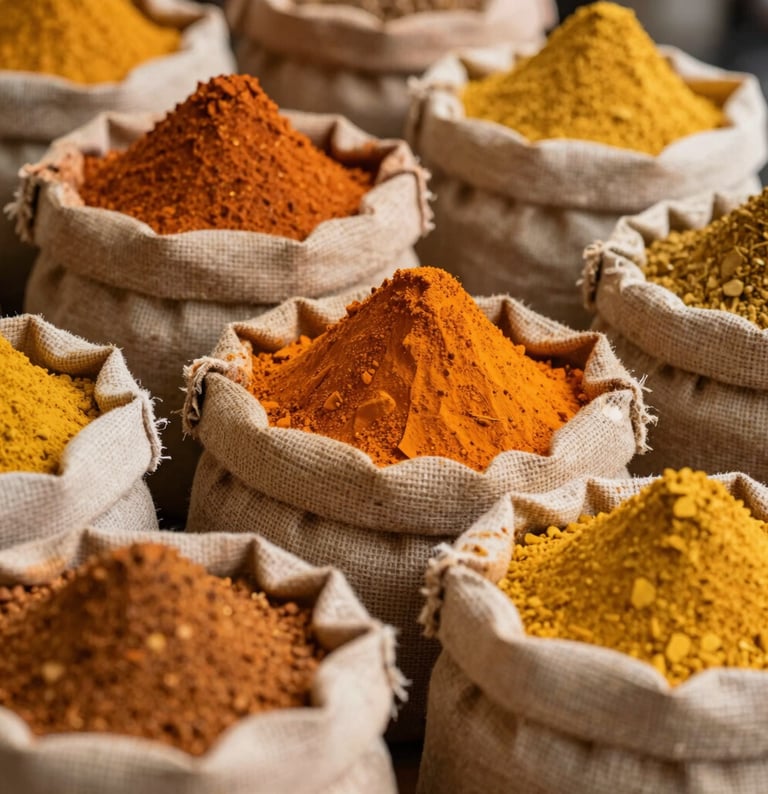 A close-up high-detail shot of vibrant orange and yellow Indian spices in rustic jute bags, natural daylight illuminating the textures.