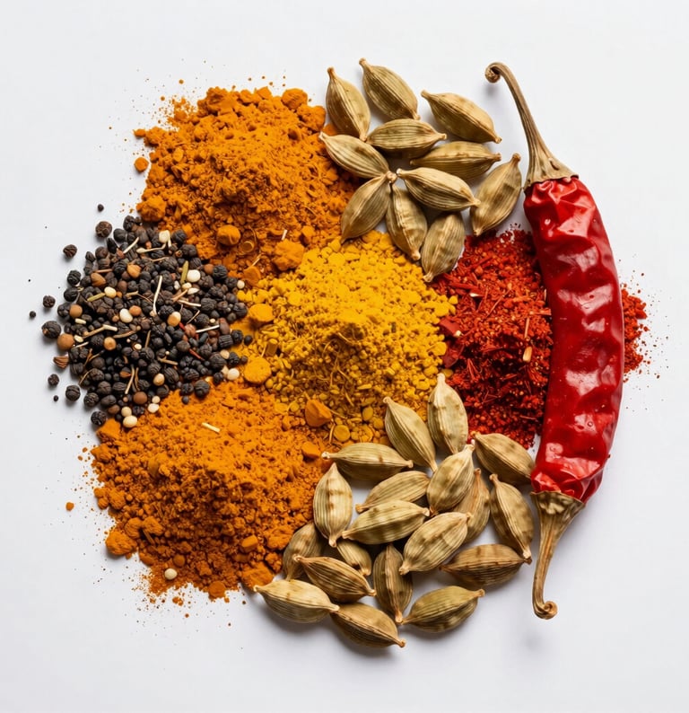Macro overhead shot of vibrant, colorful Indian spices including turmeric powder, red chili, and whole cardamom, bright natural daylight, clean white background, professional food styling.