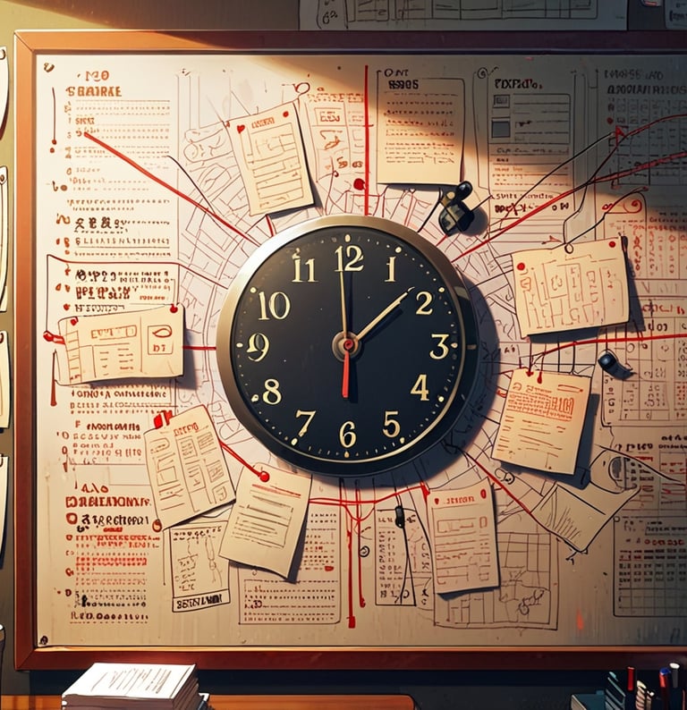 A wall filled with notes connected by red lines, forming a mind map with a clock at the center — sym