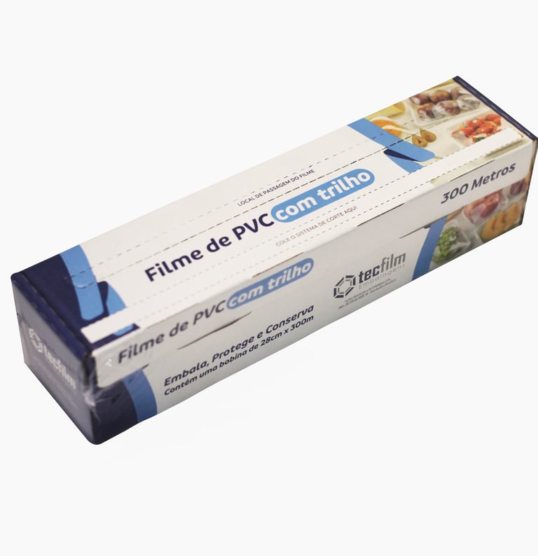 Caixa de filme PVC com trilho para autocorte em fundo branco.