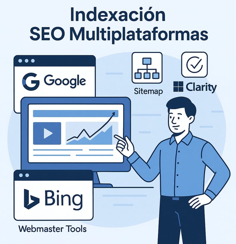 Ilustración de un hombre frente a un monitor con gráficos de análisis, rodeado por logos de Google y Bing Webmaster Tools, un