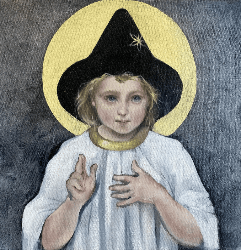 child in a black pointy hat against a backdrop of a yellow circle, behind the head of the child. 