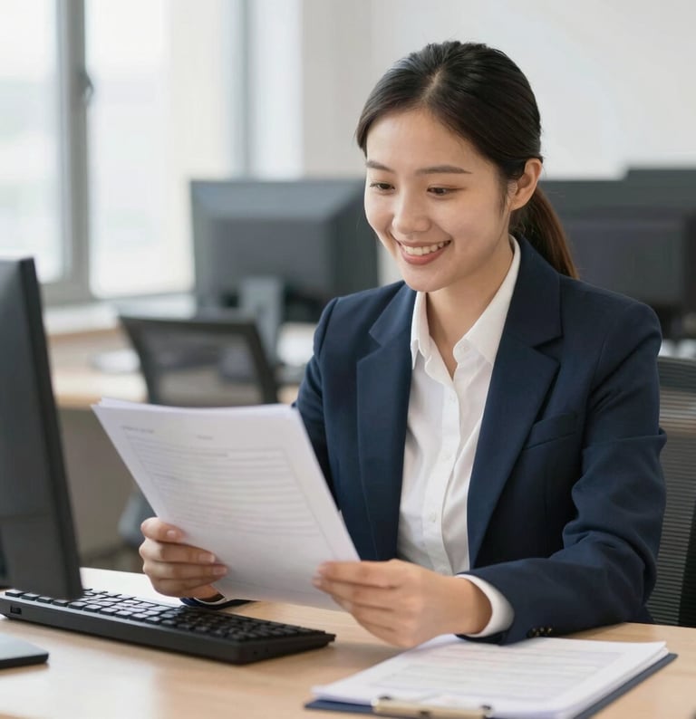 An elegant business consultant explaining financial charts to attentive clients in a modern office.