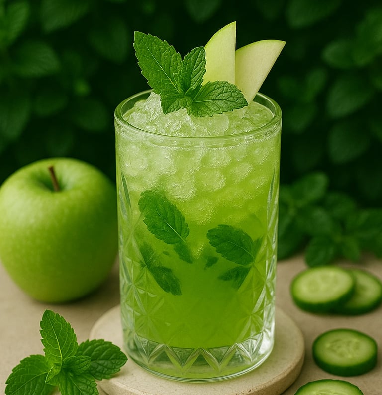Green Zing Mojito mocktail served in an ornate crystal glass, garnished with fresh mint.