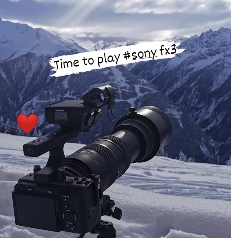 alt= "sony fx3 Kamera auf einem Stativ in den Bergen im Winter"