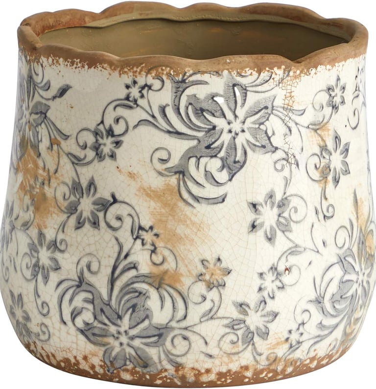 Vintage white and blue floral ceramic planter with a crackle glaze finish for indoor plants.