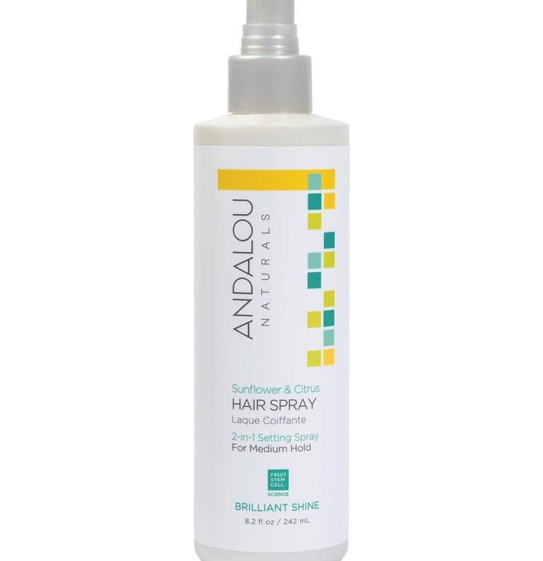 Andalou Naturals Sunflower and Citrus Brilliant Shine Hair Spray for medium hold and hair care.