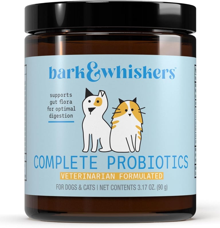 Bark and Whiskers Complete Probiotics supplement for dogs and cats to support digestive health.