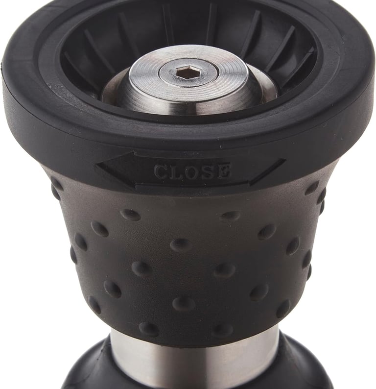 A durable black rubber adjustable spray nozzle for a garden hose with a textured non-slip grip.