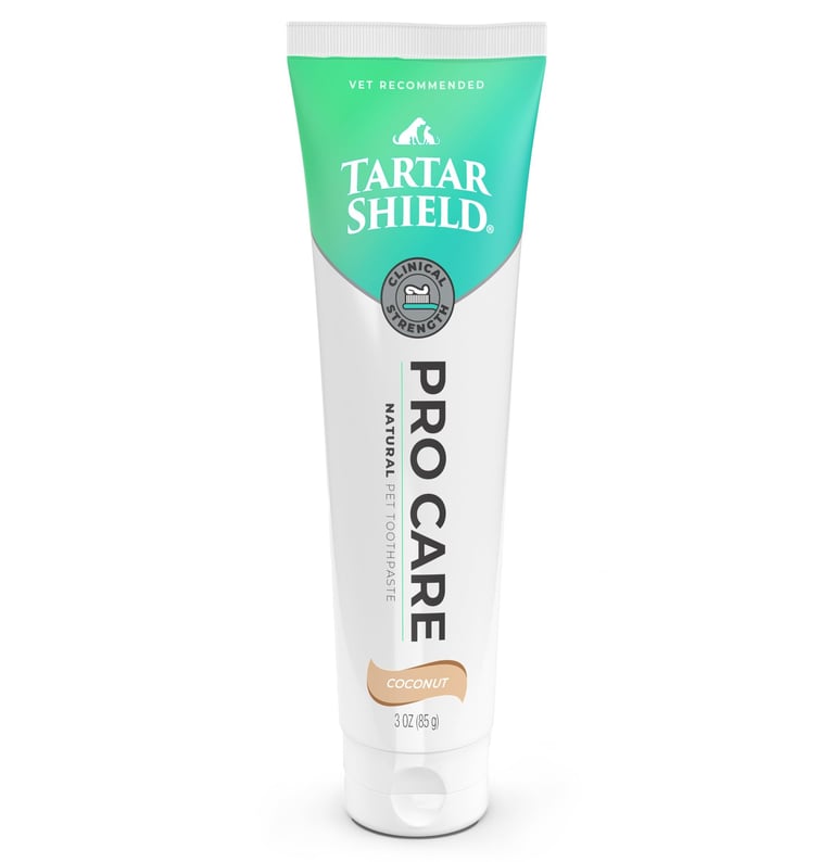 Tartar Shield Pro Care natural coconut pet toothpaste for dogs and cats in a white and teal tube.