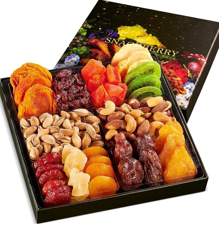 Gourmet gift box containing assorted dried fruits like apricots, kiwi, and dates with roasted nuts and pistachios.