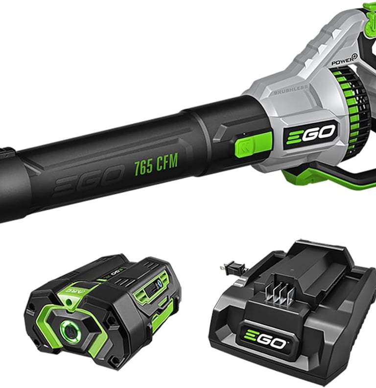 EGO Power+ 765 CFM cordless leaf blower with rechargeable 56V lithium-ion battery and charger kit.