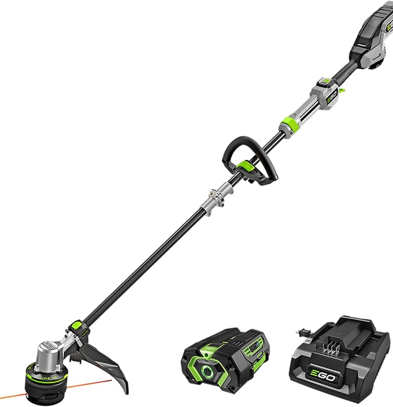 EGO Power+ cordless string trimmer with 56V lithium battery and rapid charger kit.