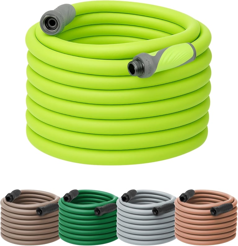 Coiled lime green garden hose with ergonomic swivel grip connectors shown in multiple colors.