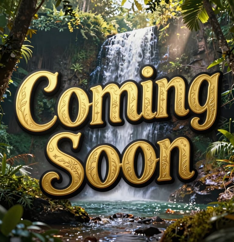 Gold Coming Soon text over a tropical waterfall and lush jungle landscape.