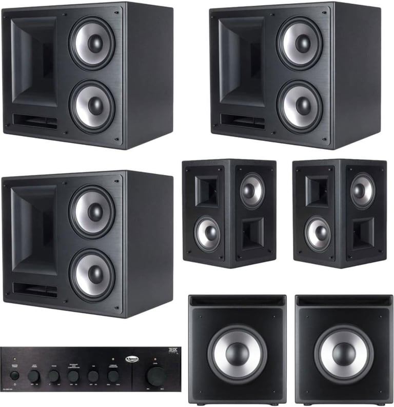 Klipsch THX Ultra2 home theater system featuring black floor speakers and an amplifier.