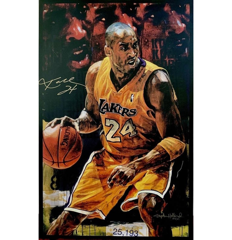 Kobe Bryant Lakers jersey art print featuring the basketball legend dribbling a ball.