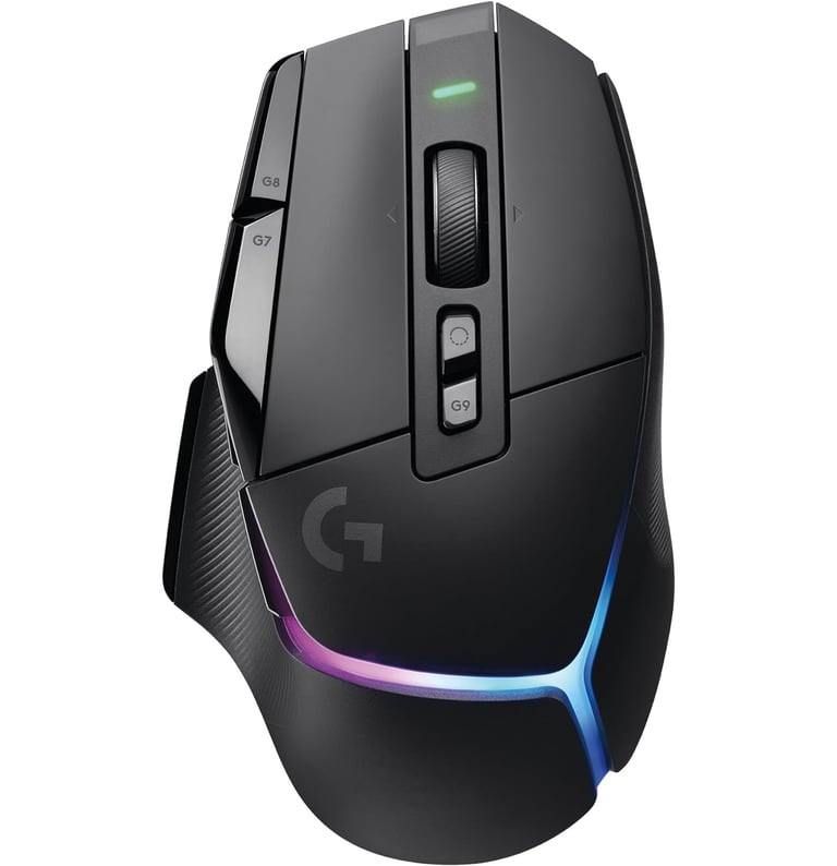 Black Logitech G502 X Plus wireless gaming mouse featuring RGB lighting and programmable buttons.