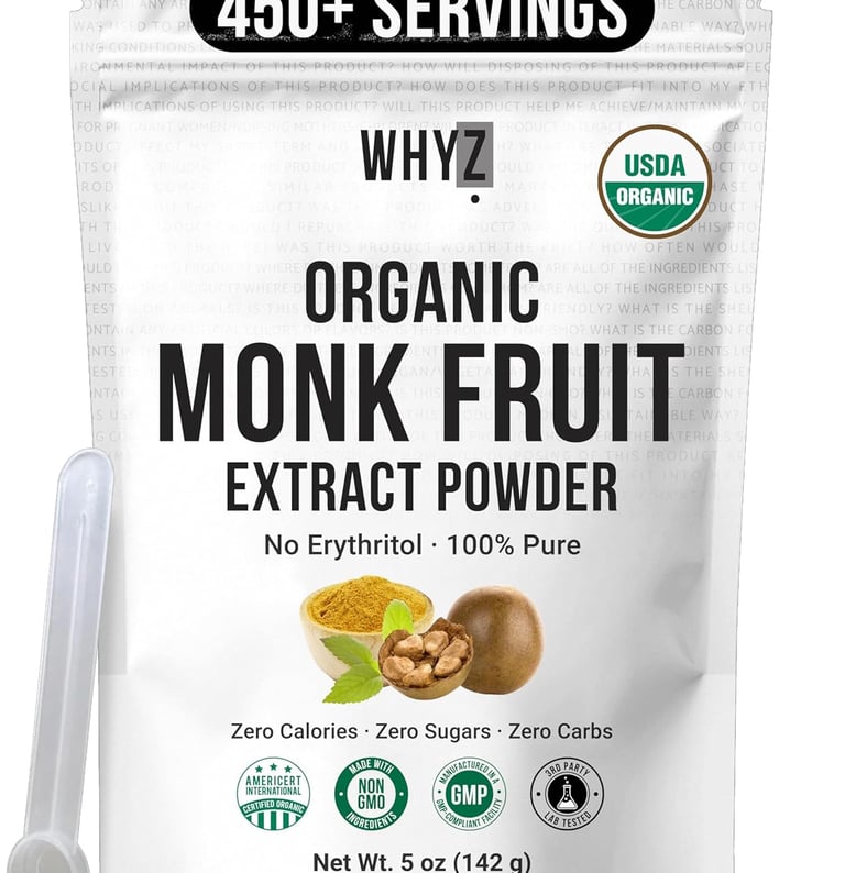 A bag of WHYZ Organic Monk Fruit Extract Powder with no erythritol, zero calories, and a measuring scoop.