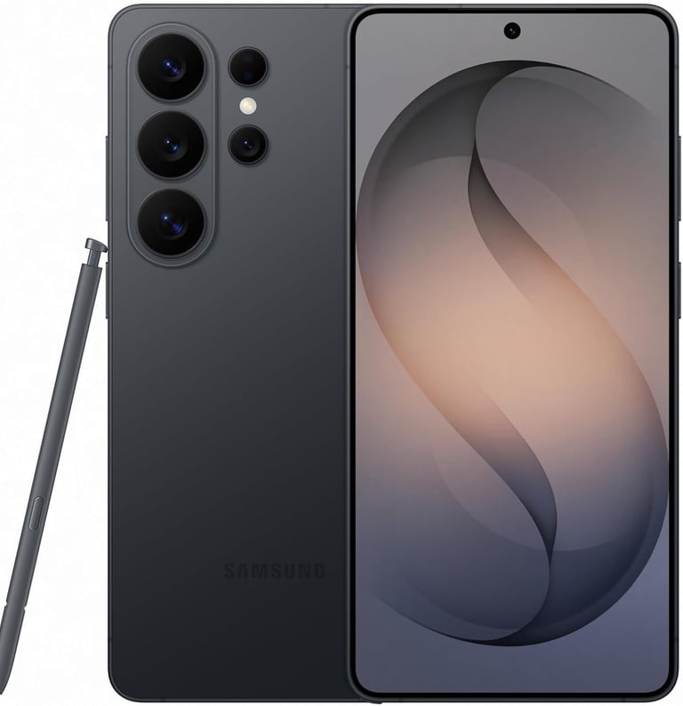 Samsung Galaxy S2 Ultra in Titanium Black showing front display, quad camera system, and S Pen stylus.