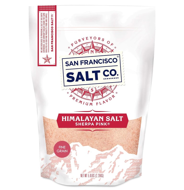 A 5lb bag of San Francisco Salt Co. fine grain Sherpa Pink Himalayan Salt for cooking and wellness.