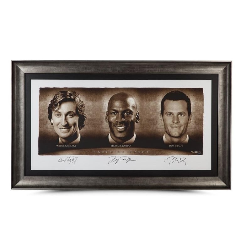 Framed Faces of Sport autographed print featuring Wayne Gretzky, Michael Jordan, and Tom Brady.