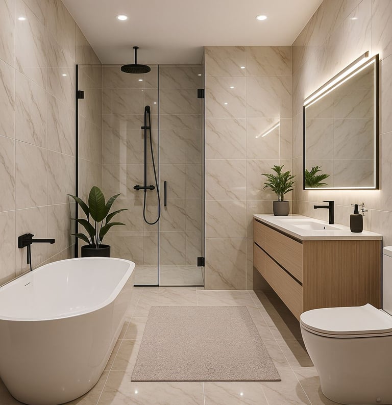 Vista de baño renovado con ducha de obra, iluminación perimetral y acabados en mármol claro.