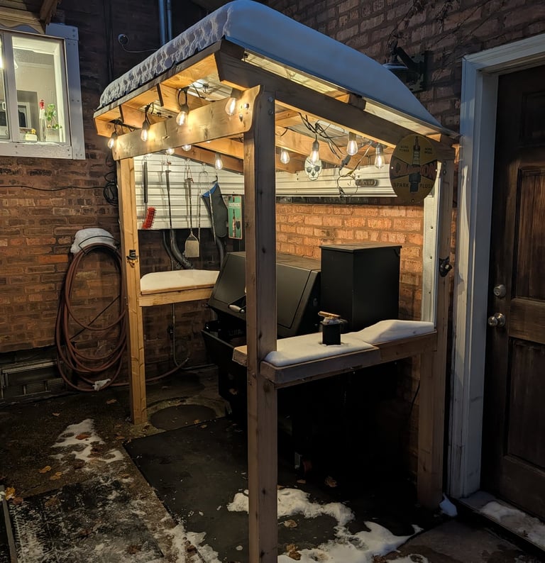 Cigar and a beer by the shelter during a snowy December in 2025