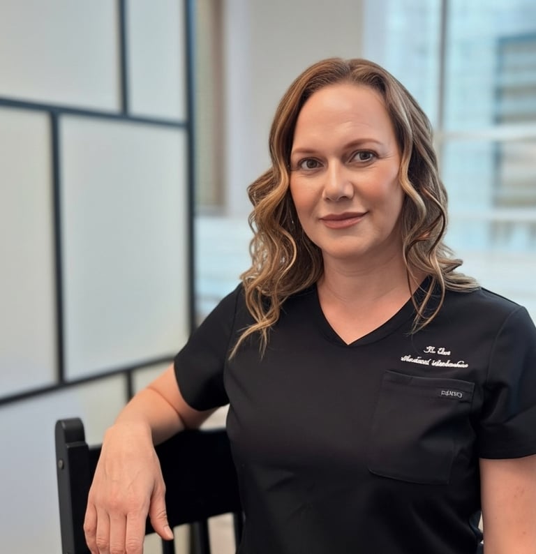 Professional aesthetic nurse injector wearing black medical scrubs in a modern clinic setting.
