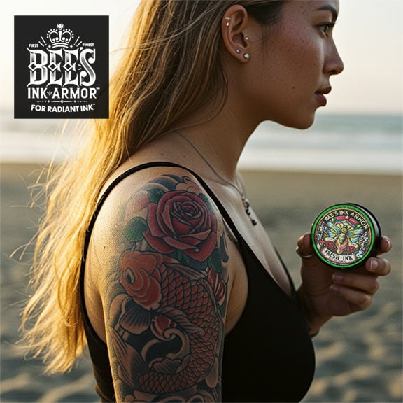 An Asian-american millennial woman carries a tin of Bee's Ink Armor Fresh Ink salve walking on beach