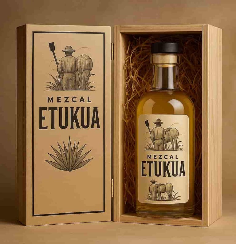 Caja de regalo de madera o cartón rústico elegante con la botella de mezcal Etukua en su interior, l