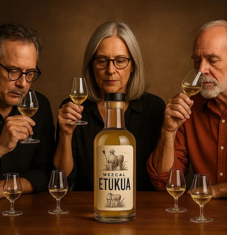 Catadores expertos evaluando características de mezcal artesanal en sesión profesional