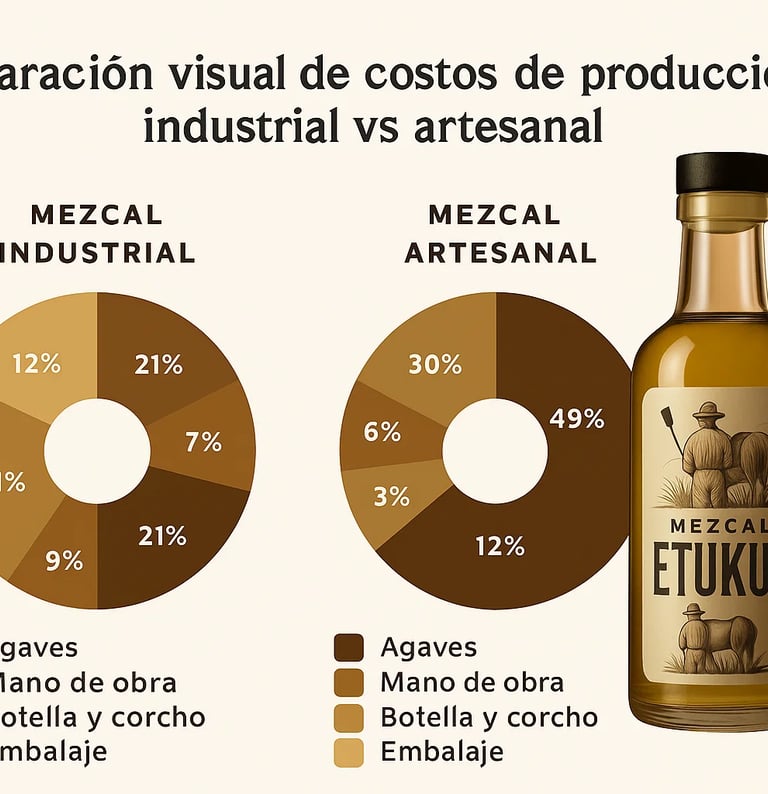 Infografía comparando distribución de costos en mezcal industrial y artesanal