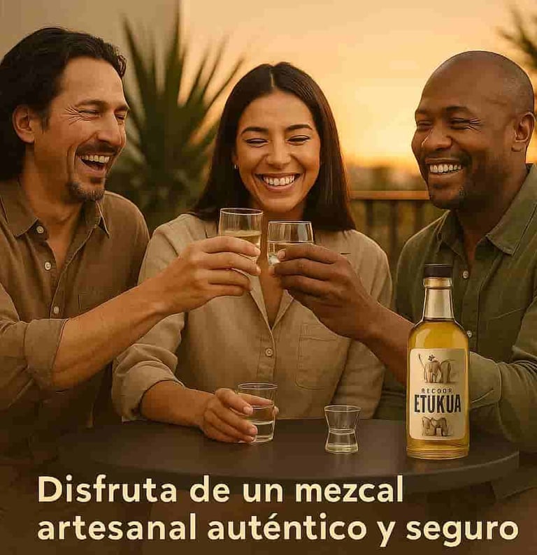 Grupo de amigos sonriendo y brindando con copas de mezcal Etukua en un ambiente acogedor.