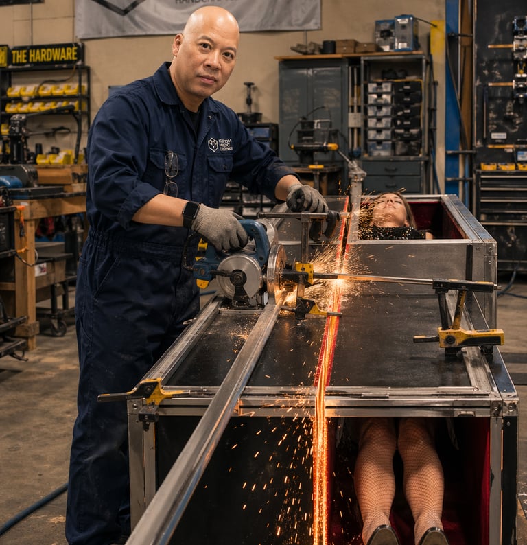 IRay Lum at Kustom Magic Designs uses a power saw to cut a magic box in half with sparks flying.