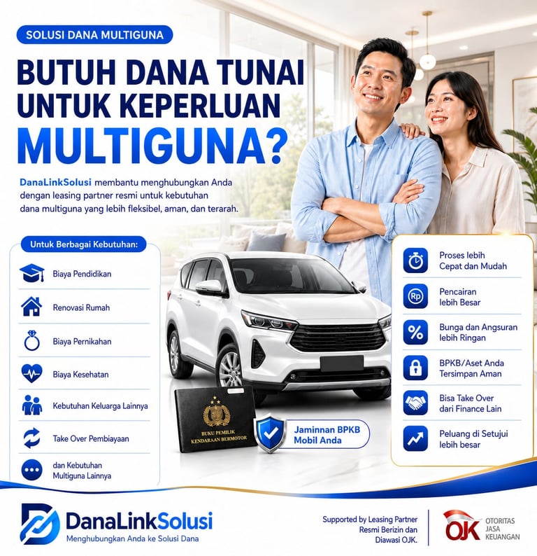 Pasangan bahagia mempromosikan pinjaman dana tunai multiguna jaminan BPKB mobil di DanaLink Solusi.