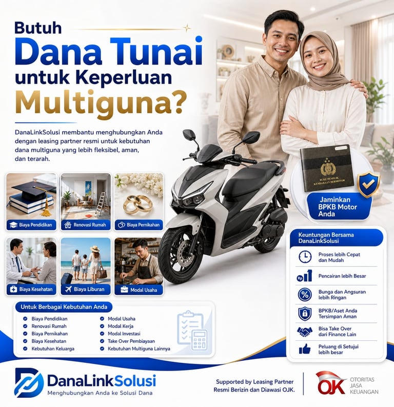 A smiling couple posing next to a motorcycle with details about Dana Tunai Multiguna loans and BPKB collateral.