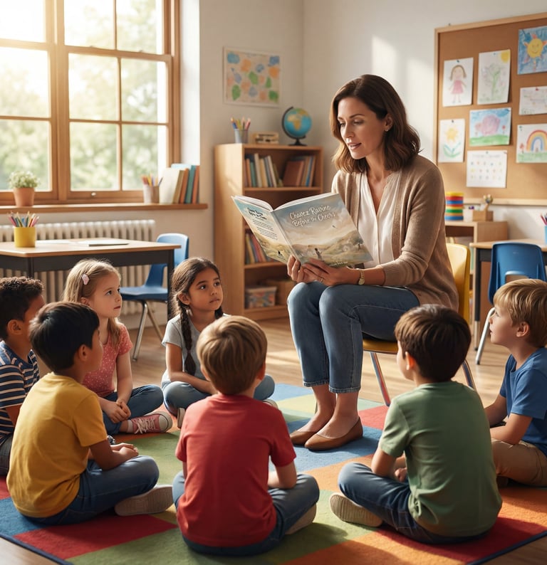 A preschool teacher reads a picture book to a group of diverse young children sitting on a colorful classroom rug.