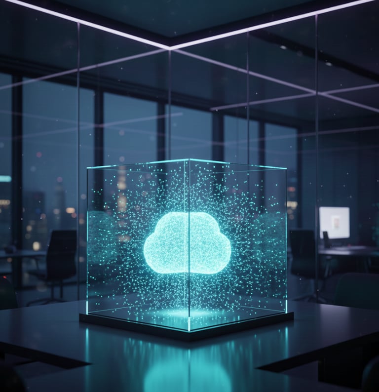 A glowing digital cloud icon inside a futuristic glass cube representing secure cloud data storage.