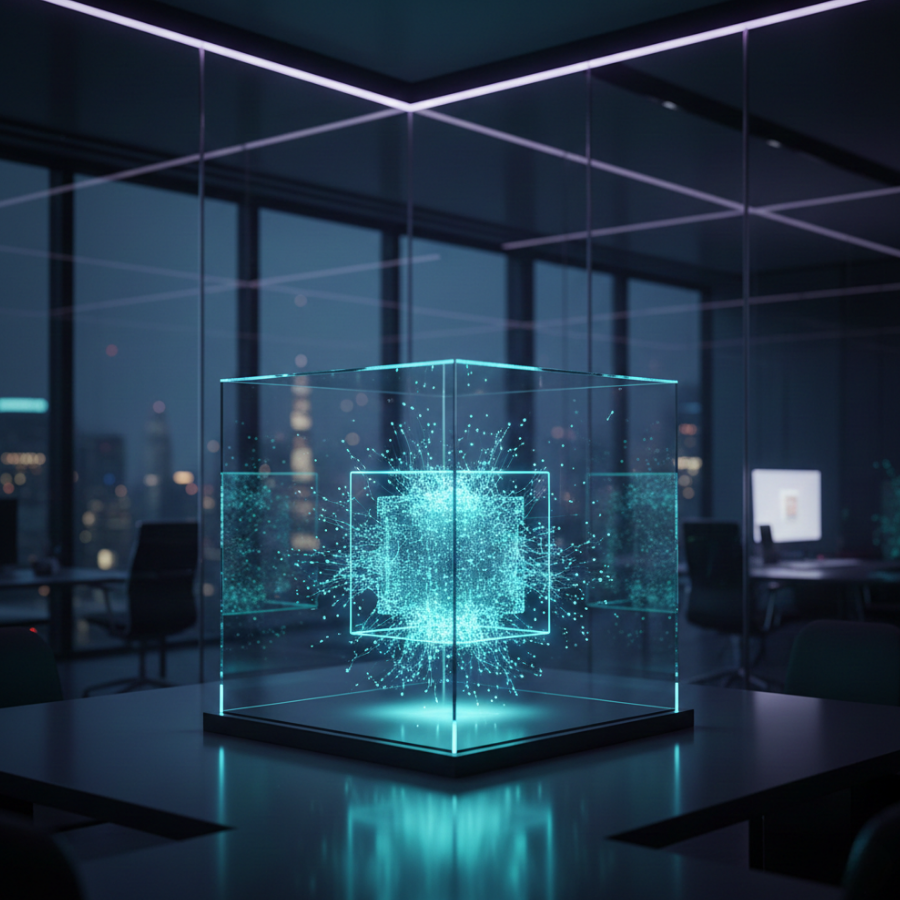 A glowing holographic data cube displaying digital particles in a modern dark office setting.